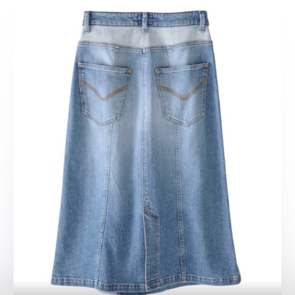 WRAP LONDON BLUE DENIM PATCHWORK A-LINE MIDI SKIRT SZ. 18 - Picture 2 of 11